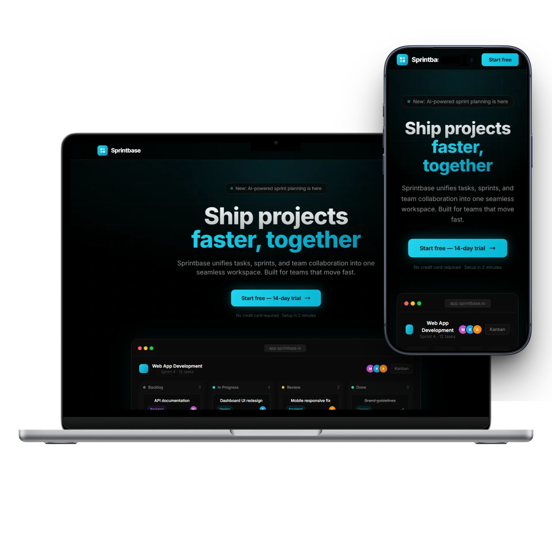 Sprintbase landing page MacBook ja iPhone ekraanil